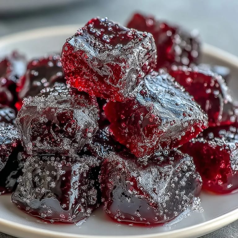 Black Currant Gummies lined up on parchment, bursting with jammy color from a tangy black currant puree.