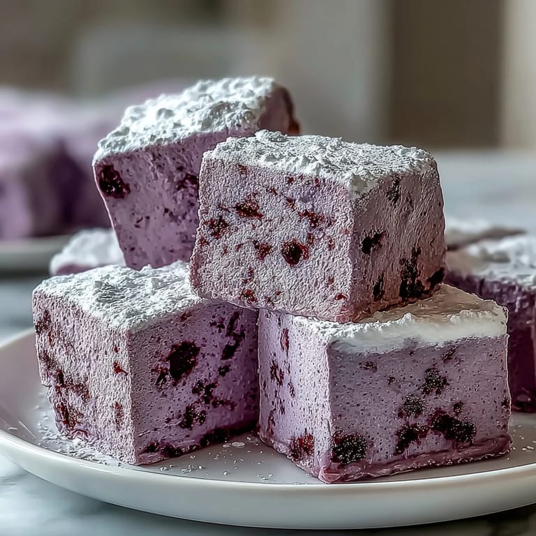 Fruchtige Black Currant Marshmallows, aus schwarzer Johannisbeeren püriert, perfekt für die heiße Schokolade.
