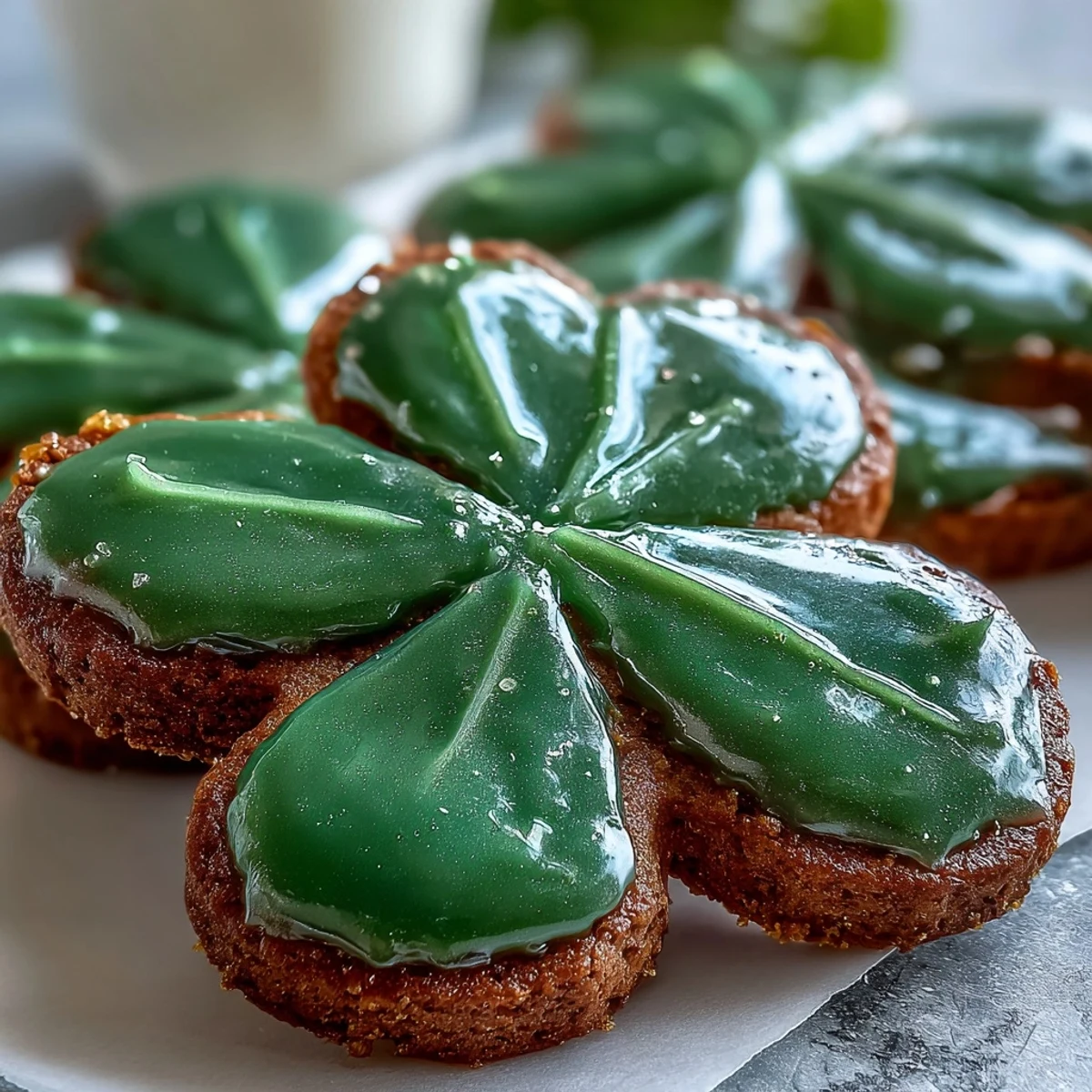 Zarte Kleeblatt-Zuckerkekse mit glatter, grüner Royal Icing—ideal für festliche Feiern und süße Leckereien.