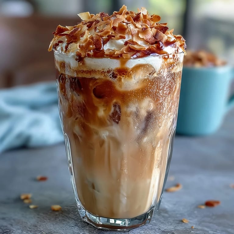 Eisgekühlter Vanille-Bohnen-Frappuccino mit geröstetem Kokos-Schaum, ein erfrischender Genuss mit Vanille-Aroma und knusprigem Kokos-Topping.