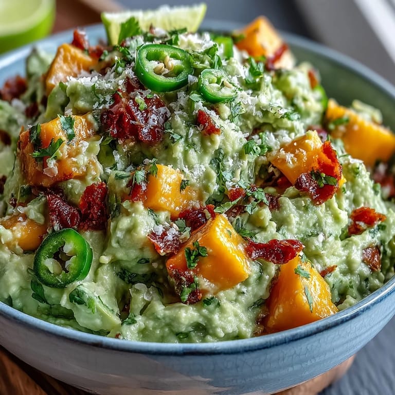 Kremiges Avocado-Dip mit frischer Mango und einem Kick von Jalapeño, serviert mit knusprigen Tortilla-Chips.