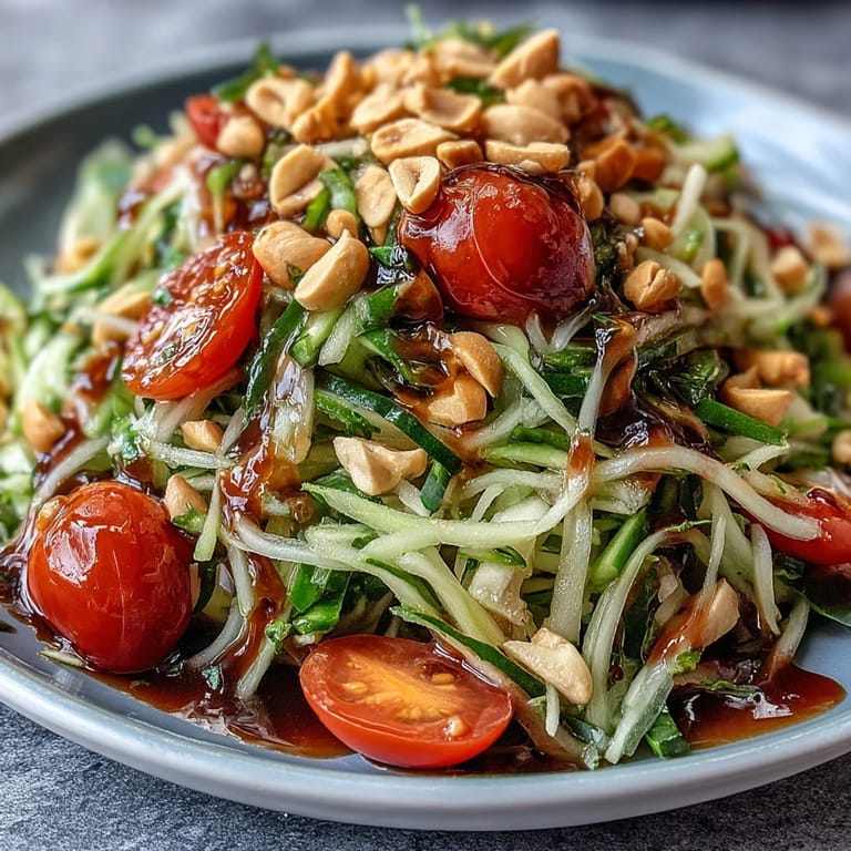 Vietnamesischer Papayasalat (Som Tam) appetitlich angerichtet mit gerösteten Erdnüssen.