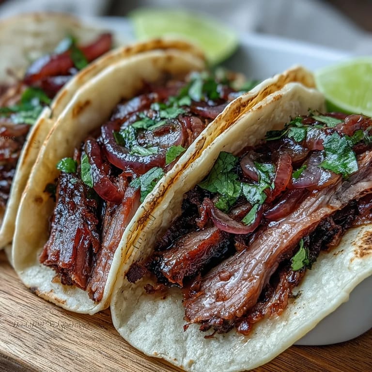 Herzhafte geräucherte Rinderbrust-Tacos, perfekt gewürzt, belebt durch eingelegte rote Zwiebeln.