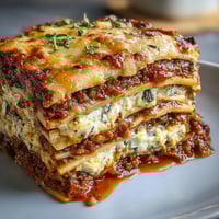 One-Pan Smoky Veggie Lentil Lasagne plated with fresh basil, ready to serve