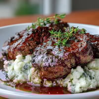 Pan-seared Venison Steaks with Caraway Crushed Swede rest on creamy mash, drizzled with a glossy red wine reduction.
