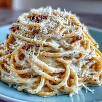 Eine dampfende Portion Cacio e Pepe, serviert auf einem weißen Teller mit extra Pecorino Romano und frisch gemahlenem schwarzen Pfeffer.