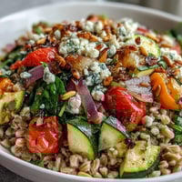 Vibrant Mediterranean Farro Pasta Bowl with colorful veggies, feta, and pine nuts served warm.