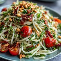 Knackiger Thai Papaya Salat mit Erdnüssen und Limette – erfrischend und würzig.